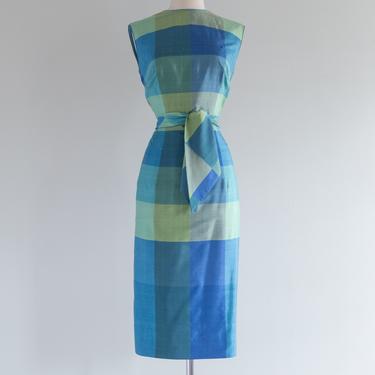 Vintage Late 1950's Blue &amp; Green Silk Plaid Wiggle Dress / Waist 30