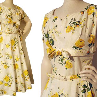 Vintage 50s Dress Yellow Rose Shelf Bust & Circle Skirt Volup XL 