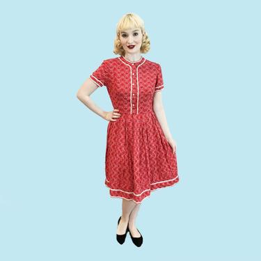CUTE 1950s 60s Vintage Dress Novelty Print Hearts Red Cotton Valentines Mother of Pearl Buttons  Size S M 