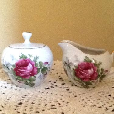 Lovely Vintage Rose 50th Anniversary Sugar and Creamer with 24Kt Gold Accents 