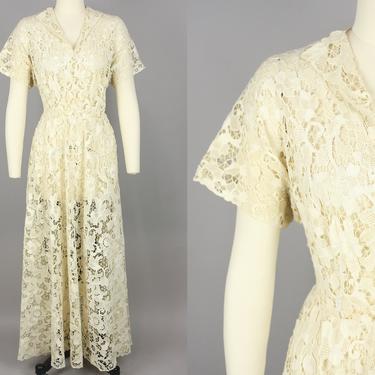 1930s Ecru Lace Dress · Vintage 30s Sheer All Lace Dress · Medium / Large 