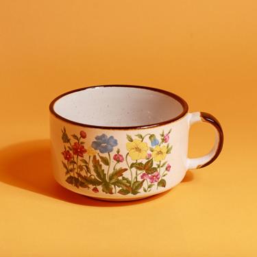 80s Ceramic Beige Brown Colorful Flower Soup Mug Cup 