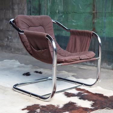 Post Modern Milo Baughman Jerry Johnson Style 70s Chrome Sling Chair Mid Century Modern style accent lounge chair MCM Brown 1970s Reading 