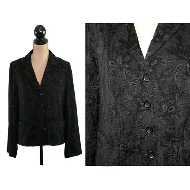 Y2K Black Blazer Women Large, Tapestry Chenille Jacket, Bohemian Hippie Boho, Floral Tone on Tone, Casual Clothes Vintage Clothing 