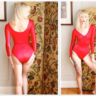 1980s Leotard // Bright Red Shining Star Bodysuit // vintage 80s bodysuit 