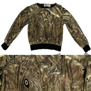 80s Metallic Gold Bomber Style Long Sleeve Top // Abstract Gestural Sketch Drawing // Worthingtons // Size 10 