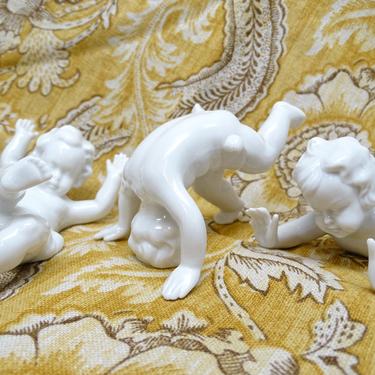 3 Vintage German Dresden Tumbling Angels, Glazed White Bisque, Antique for Christmas Putz or Nativity Creche 