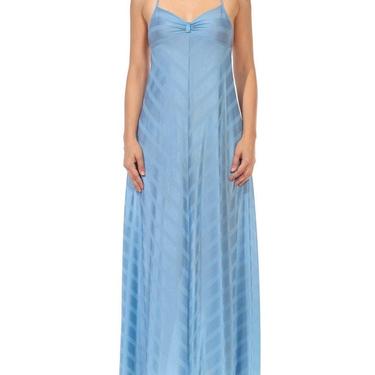 1970S Powdered Blue Polyester Halter Neck Negligee With Metallic Bias Stripes 