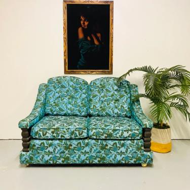 Mid Century Turquoise Floral Loveseat, MCM Hollywood Regency Two Seater Sofa, Boho Turquoise Couch, Vintage Loveseat 