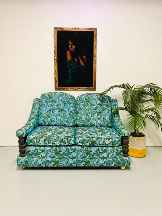 Mid Century Turquoise Floral Loveseat, MCM Hollywood Regency Two Seater