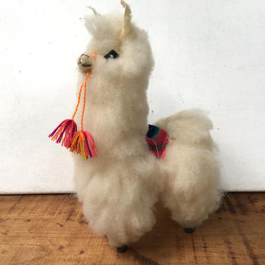 Vintage Fur Llama Figure With Saddle, Peruvian Llama Or Alpaca Stuffed Fur Animal, Fleece Llama 