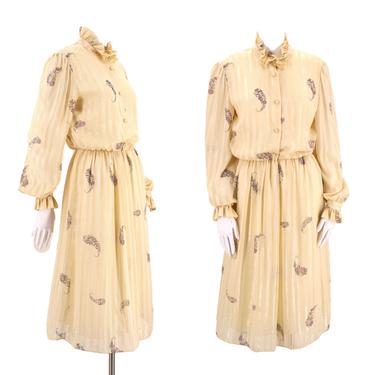 80s HANAE MORI vintage dress large / cream print dress L  / vintage 1980s secretary ladylike dress designer Japan 44 12 