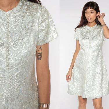 60s Party Dress Metallic Silver BROCADE Mini Dress 1960s A-Line Shift Cocktail Space Age Vintage 1960s Short Sleeve Retro Small Medium 