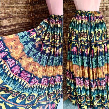 Tribal Ethnic Pattern, Sheer Crinkled Midi Skirt, Drawstring, Animals, India, Vintage 