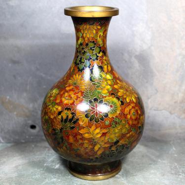 Antique Brown Floral Cloisonné Vase from China | Antique, Circa 1920s | Autumnal Floral Pattern, Brass Rimmed Vase | Matching Vase Available 
