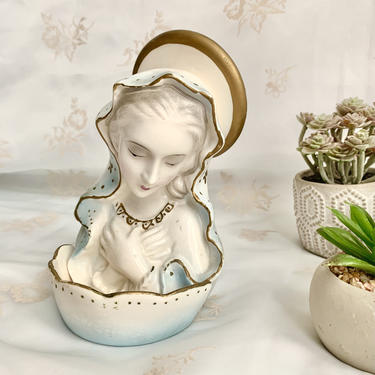 Holy Water Font, Porcelain Dish, Virgin Mary, Statue, Table Top, Religious, Catholic, Blessed 