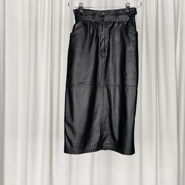 Vintage Belted Black Leather Skirt