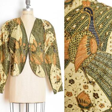 vintage 80s jacket PEACOCK bird batik print beaded Indian top cream green gold L clothing 