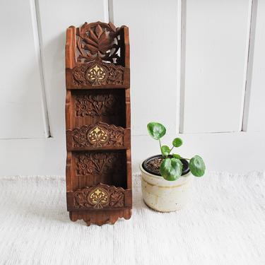 Vintage Teak Wood Wall Organizer With Beautiful Carved Details and White Shell Leaf Inlay 