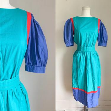 Vintage 1980s Colorblock Day Dress / M 