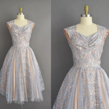 vintage 1950s dress | Gorgeous Powder Blue & Ballet Slipper Pink Cocktail Party Full Skirt Dress | Medium Large | 50s vintage dress 