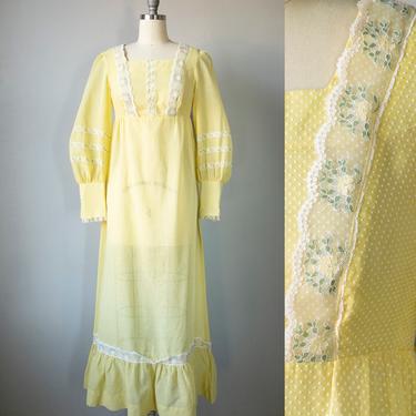 1970s Dress Sheer Flocked Maxi Gown M 