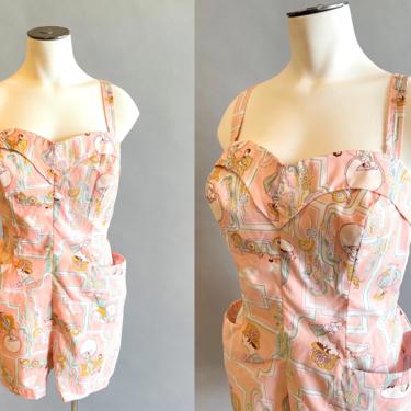 1970's Novelty Print Romper / 70's Pink Bathing Suit / Play Suit / Size XL Extra Large 