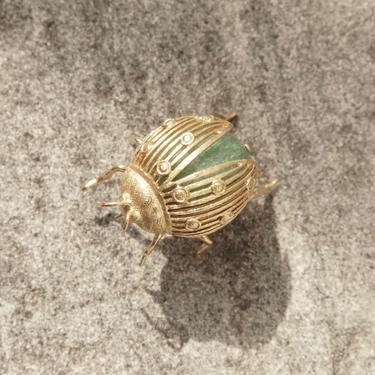 Vintage 14K Gold & Aventurine Ladybug Brooch Pin, Green Gemstone Wrapped In Yellow Gold, Large Ladybug Brooch, 585 Jewelry 