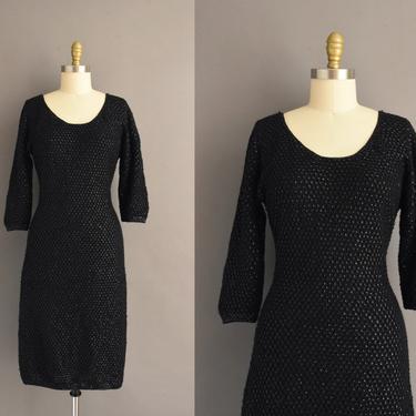 1950s vintage dress | Sparkly Black Sequin Stretch knit Cocktail Party Bridesmaid Wiggle Dress | Large | 50s dress 