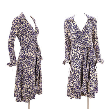 70s DVF navy print wrap dress 6 / 1970s vintage Diane Von Furstenberg clover sash tie dress Large 1970s S-M 