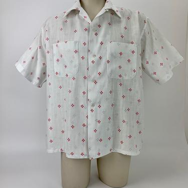 1950'S Sheer Cotton Shirt - Summer Weight Fabric - White with a Red &amp; Pale Blue Pattern - Loop Collar - Men's Size X-Large 