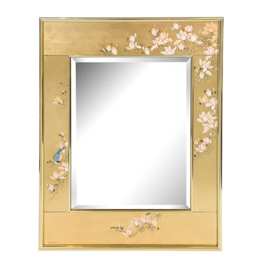 Artisan Reverse Painted Mirror in Gold Leaf with Magnolias and Bluebird 1988 (Signed)