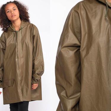 Hooded Rain Jacket 80s Raincoat Army Green Coat Vinyl GRUNGE