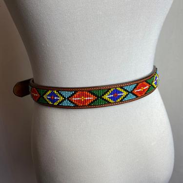Beaded brown leather belt NA inspired Americana Southwestern style skinny belt colorful beadwork size Med 
