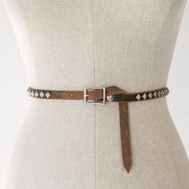 Vintage Brown Distressed Leather Skinny Belt w/ Pyramid Studs | Artisan Handmade | Biker, Motorcycle, Punk, | UNISEX | Designer Skinny Belt 
