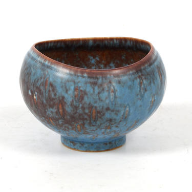 VINTAGE - Gunnar Nylund Blue and Ochre Hares Fur Glazed Bowl For Rörstrand, 1960s 