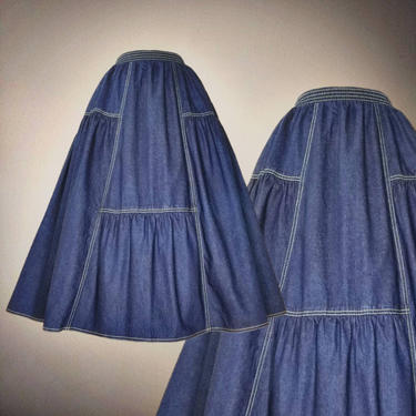 Vintage 80s Dark Wash Denim Skirt, Medium / Topstitch Jean Skirt / Sasson Elastic Waist Day Skirt with Pockets / Country Square Dance Skirt 