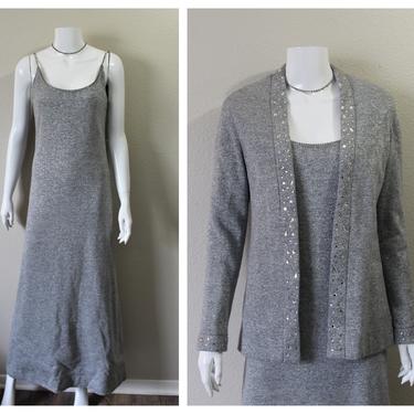 Vintage 60s 1970s Fred Perlberg Perullo Two Piece Silver metallic knit Rhinestone Dress matching sweater evening cocktail // US 4 6 Small 