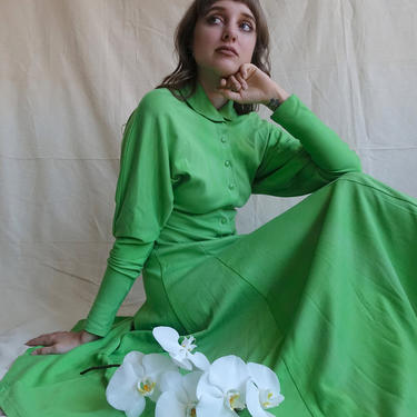 Vintage 80s Norma Kamali Lime Dolman Sleeve Dress/ 1980s Green 