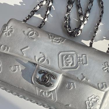 Vintage CHANEL CC Logos Precious Symbols Icon Embossed Silver Leather Classic Flap Shoulder Bag Purse Chain Strap - COLLECTORS Item! 