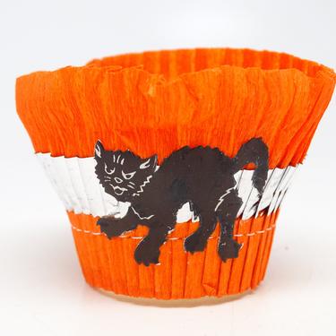 Vintage Black Cat Halloween Party Basket, Orange Crepe Paper Candy Container, Retro Decoration 