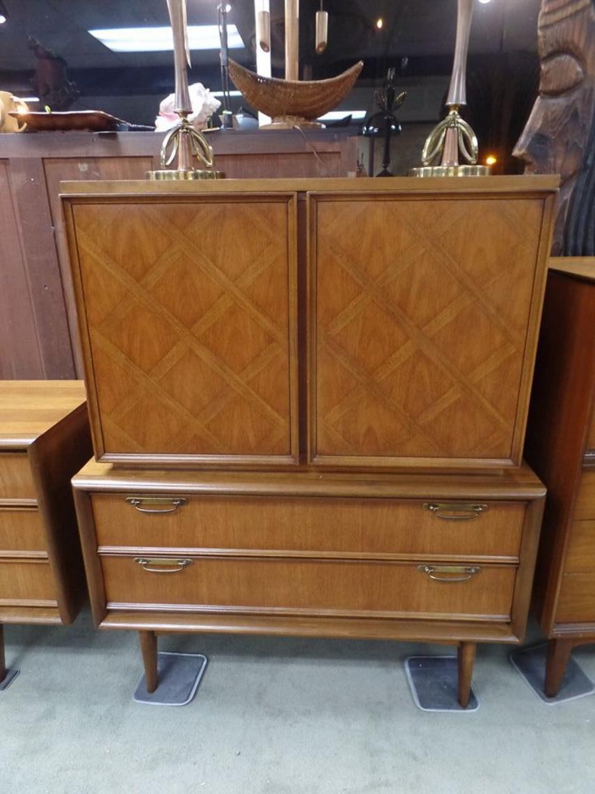 MidCentury Modern chest on chest dresser with parquet doors Peg Leg