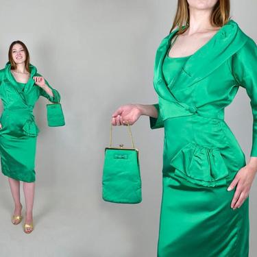 1950's Emerald Green Cocktail Dress | Holiday Dress Set | 1950s Cocktail Dress with Bolero and Purse 