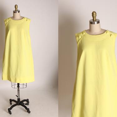 1960s Yellow Sleeveless Button Bodice Detail Textured Shift Dress -L 