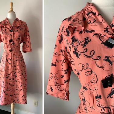 Vintage 1930s 1940s Pink Coral and Black Scottie Dog Novelty Print Rayon Dress | Size XL 