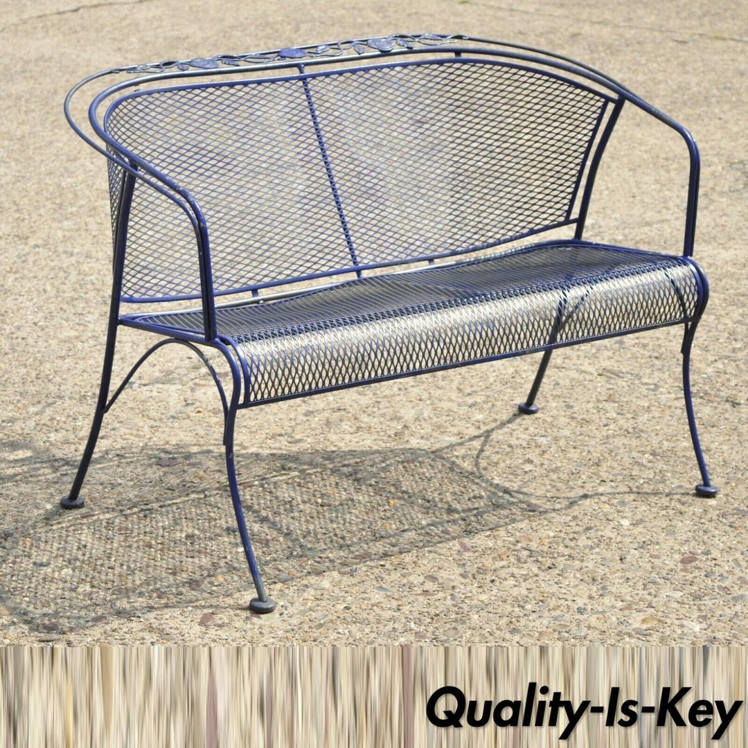 Vintage Woodard Blue Barrel Back Wrought Iron Rose Pattern Outdoor