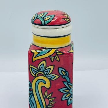 Ceramic Hand Painted Wish Jar With Lid Red  Yellow 5" x 2.5" x 2.5" 