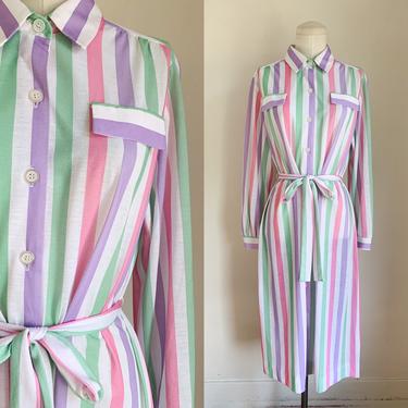 Vintage 1970s Candy Striped Shirt Dress / L 
