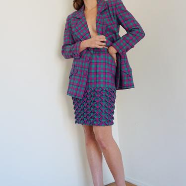 FE ZANDI 1980s Teal and Magenta Plaid Skirt Suit with Geometric 3D Skirt &amp; Double Breasted Button Up Blazer Sz 2-4 Two Piece 
