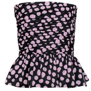 Tanya Taylor - Black &amp; Pink Polka Dot Pleated Strapless &quot;Sophie&quot; Top Sz 10